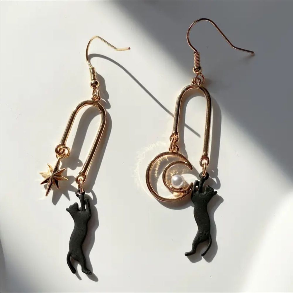 Elegant Gold Cat Dangle Crescent Moon Earrings - Picture 3 of 5